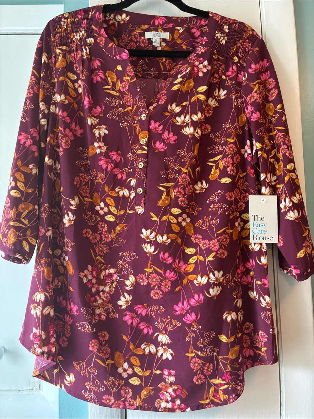 croft & barrow Burgundy Floral Henley Blouse